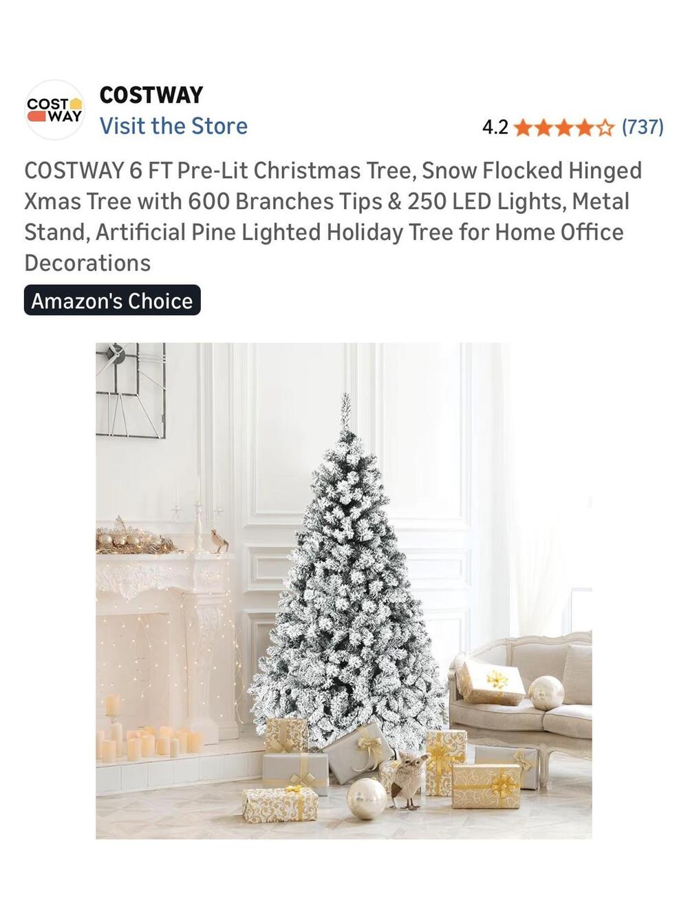 COSTWAY 6ft Pre-Lit Snow Flocked Christmas Tree w/ 250 LED Lights & Stand NIB